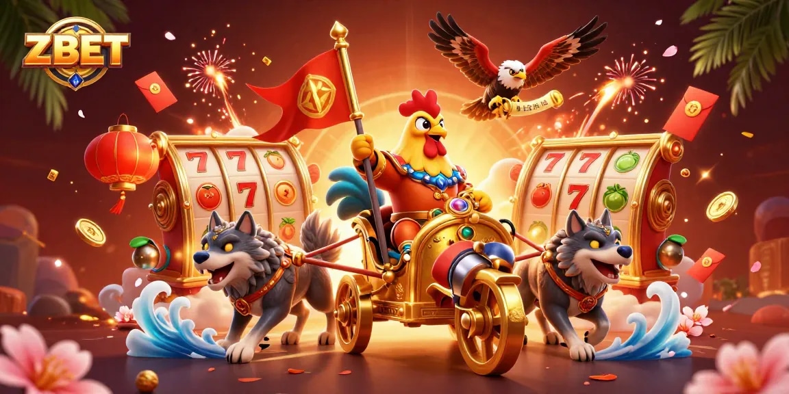 ZBET leads the party in a vibrant casino scene with slots, a golden warlord, and festive lanterns.
