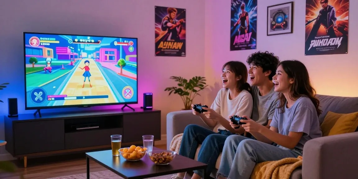 Couple enjoying a hentaigame night in a cozy living room