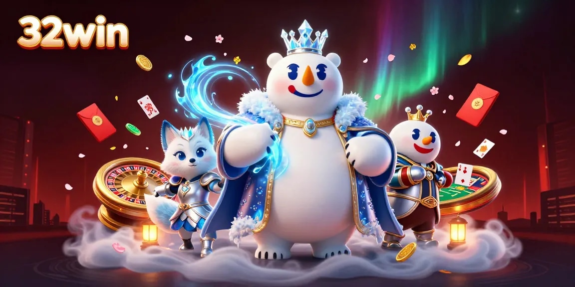 Engage in exciting gameplay with 32win, featuring a vibrant 3D casino scene filled with roulette wheels and poker cards.