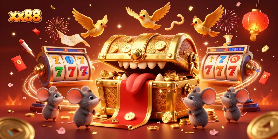 xx88 captivates players with a vibrant scene of slot reels, treasure, and fireworks celebrating gaming riches.