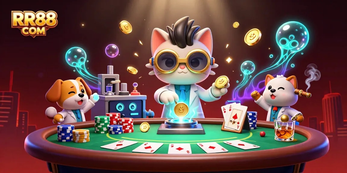 Experience the thrill of gaming with RR88 COM, as the mad scientist cat creates golden coins amidst a vibrant casino scene.