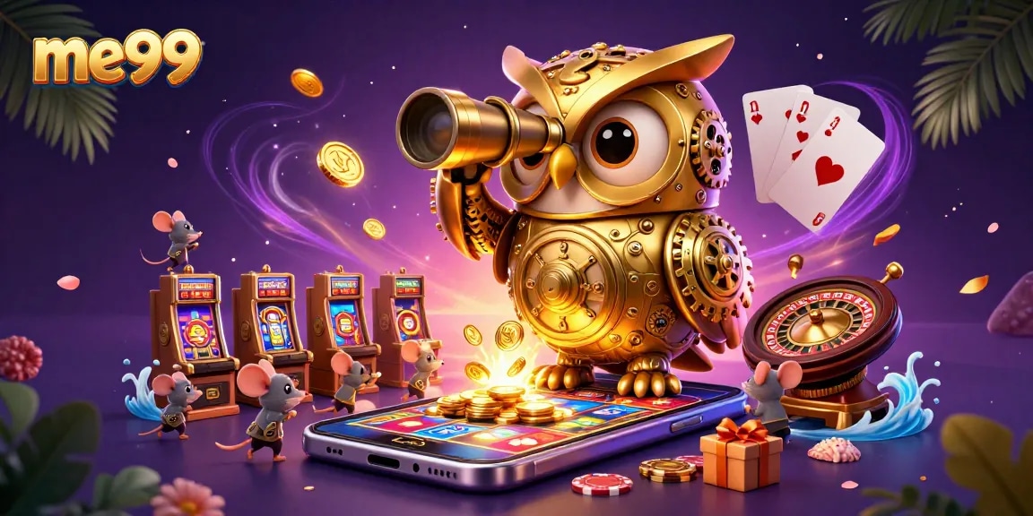 Engage in exciting gameplay at me99, featuring animated characters and vibrant casino elements.
