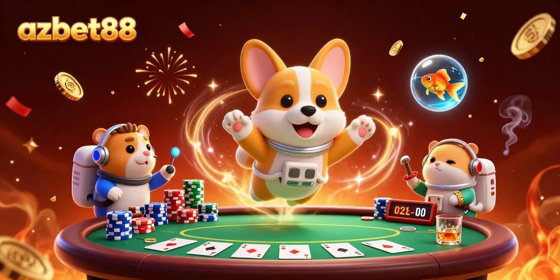azbet88 presents an astronaut corgi in a vibrant casino, surrounded by golden coins and poker chips.
