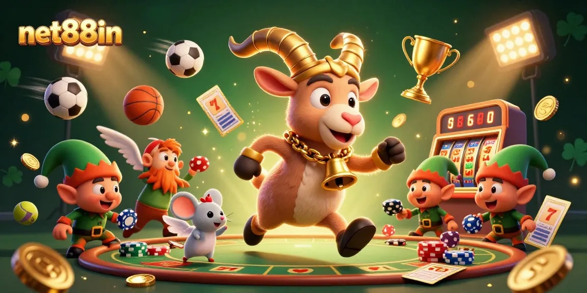 Bet on excitement with net88in in a vibrant casino scene featuring Krampus, an angel mouse, and mischievous elf gremlins.