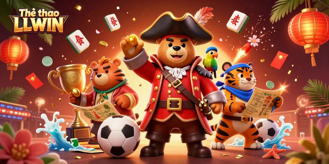 Engage in Thể thao LLWIN action with a pirate bear, tiger, and golden parrot, amid vibrant sports elements.