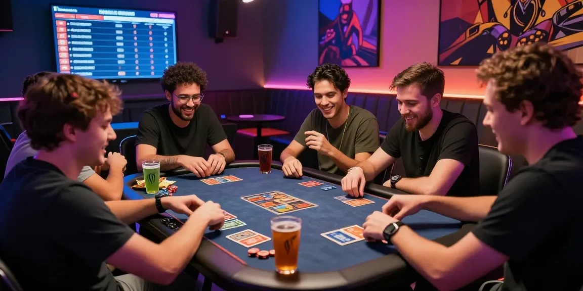 Permainan kartu seru di lounge modern dengan pemain aktif dalam suasana kompetitif 68gb.