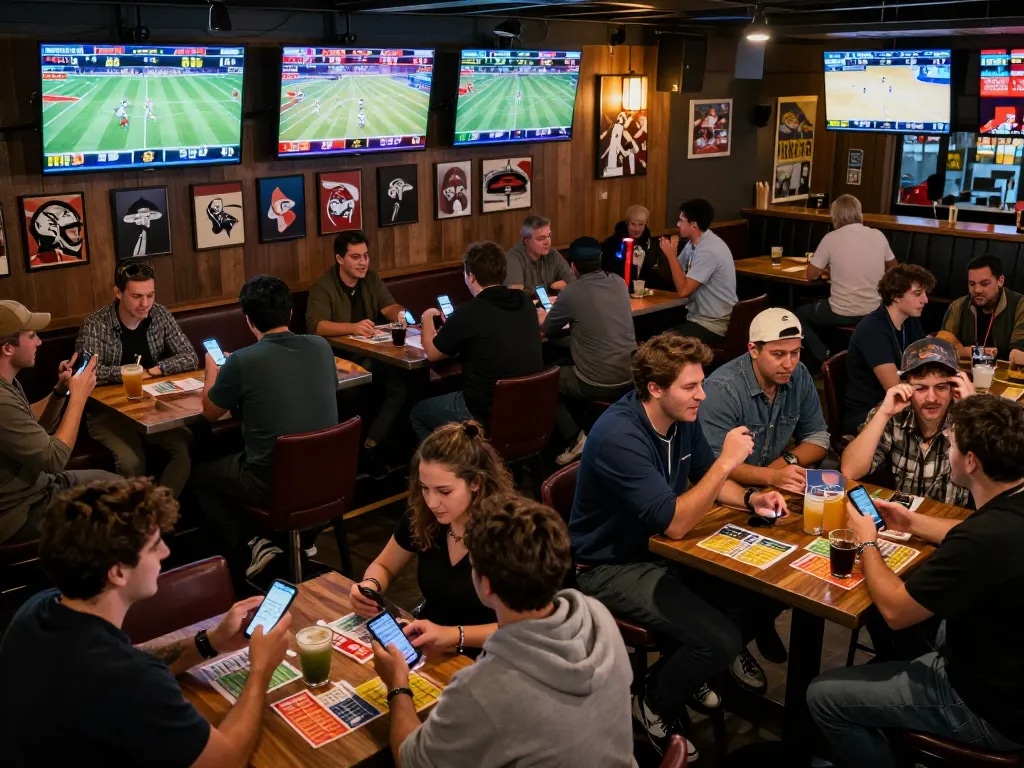 Soi keo analysis in an electric sports bar environment with screens showing live games and enthusiastic fans.