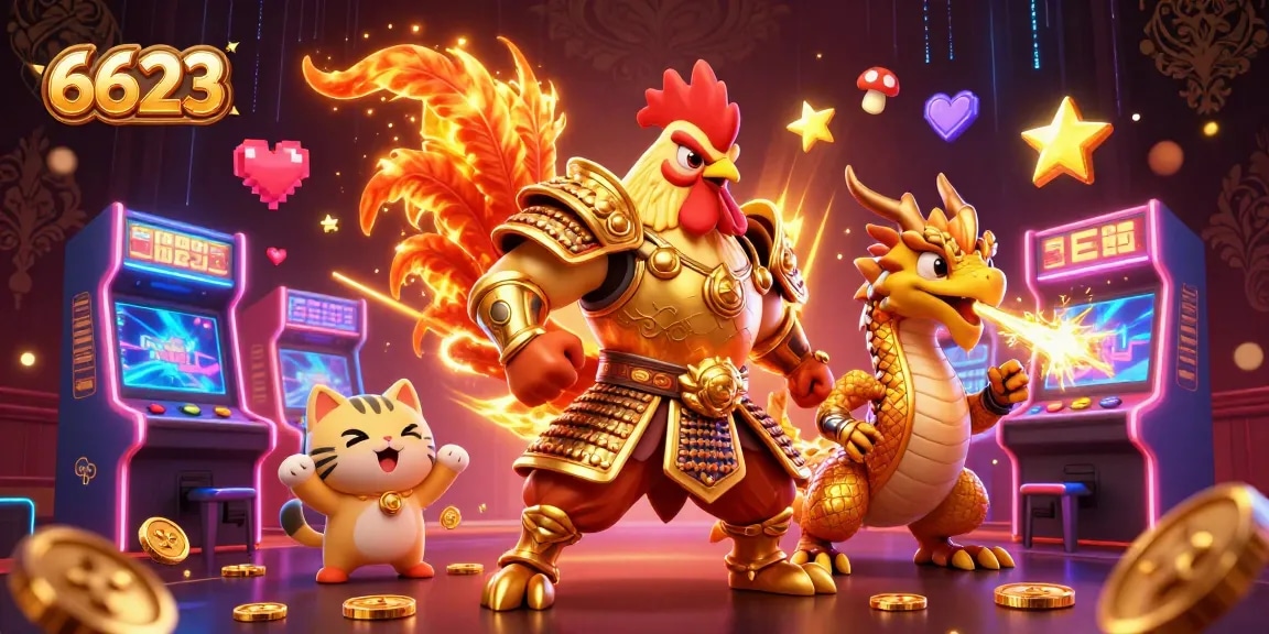 Experience 6623's vibrant gaming action with a cartoon rooster warrior and dragon hatchling in a casino setting.