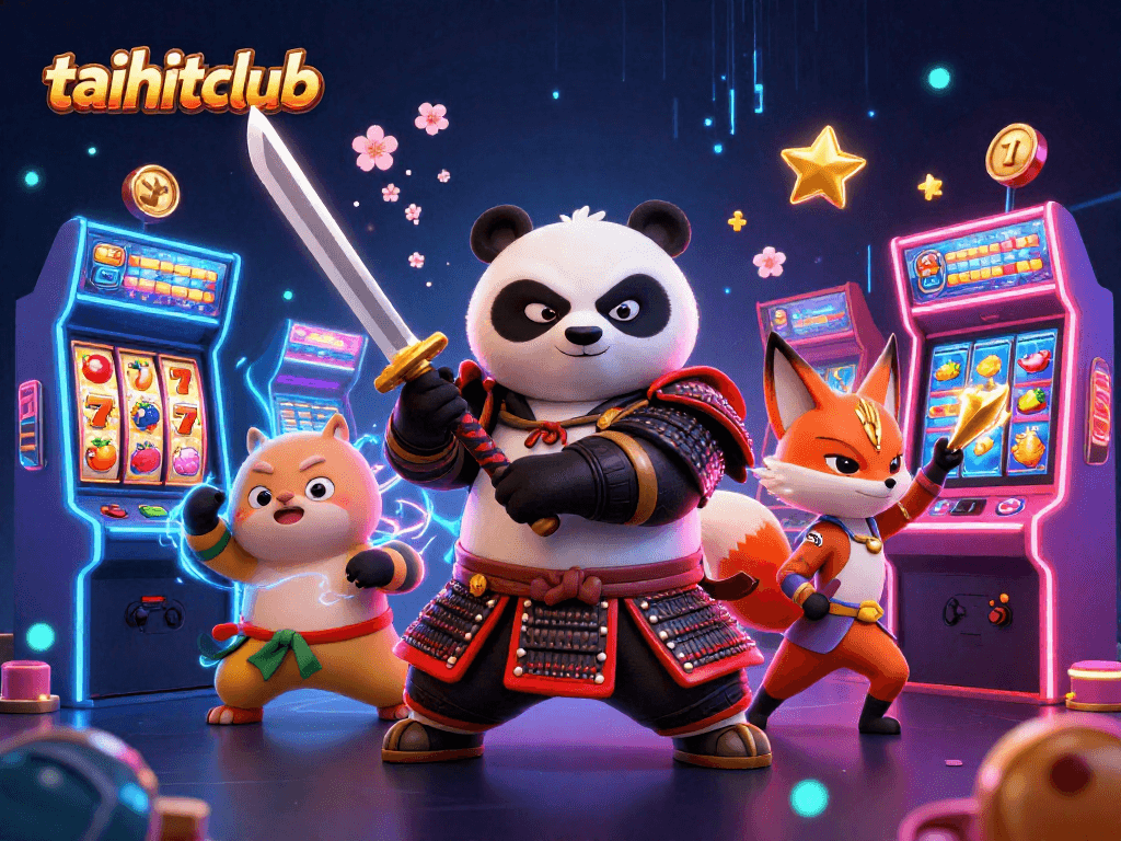 Experience taihitclub slots adventure with a samurai panda battling for jackpots amidst vibrant game visuals.