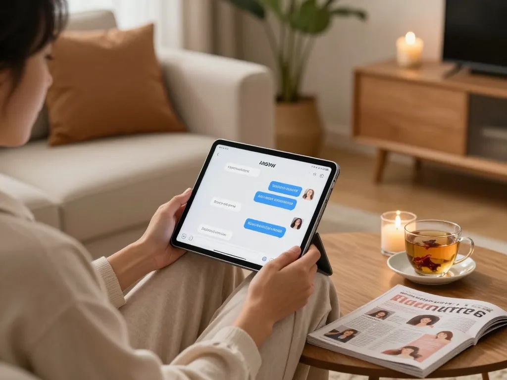 Engaging in an ai nsfw chat on a tablet in a cozy lounge setting.
