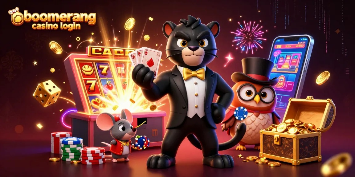 Prijava v Boomerang Casino z energičnim 3D ilustracijam črnega panterja in igre s kartami.