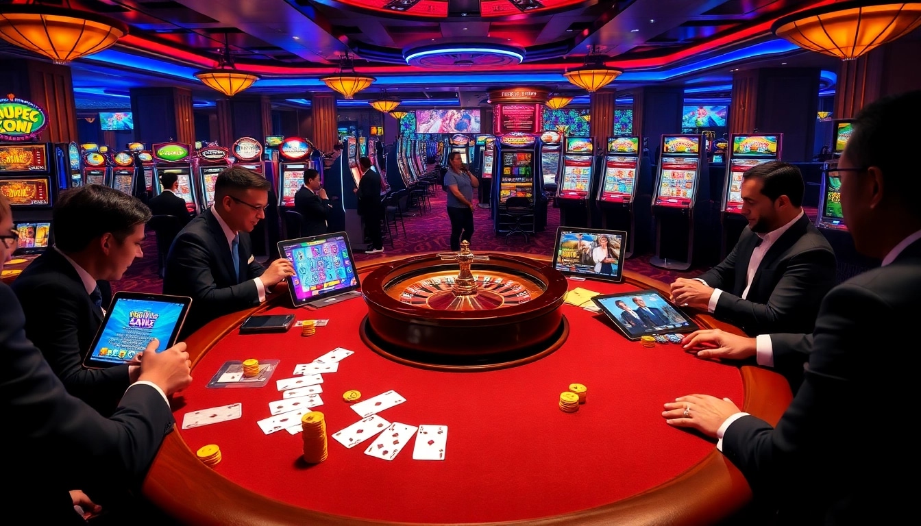 Engaging scene of high-stakes poker and vibrant slot machines at a luxurious casino, inspired by okfun.com.