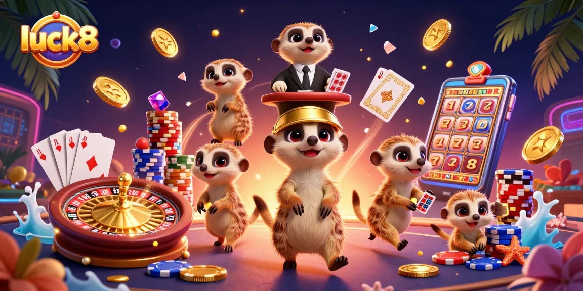 Luck8 meerkat casino scene featuring interactive dealers, chips, and vibrant game elements.
