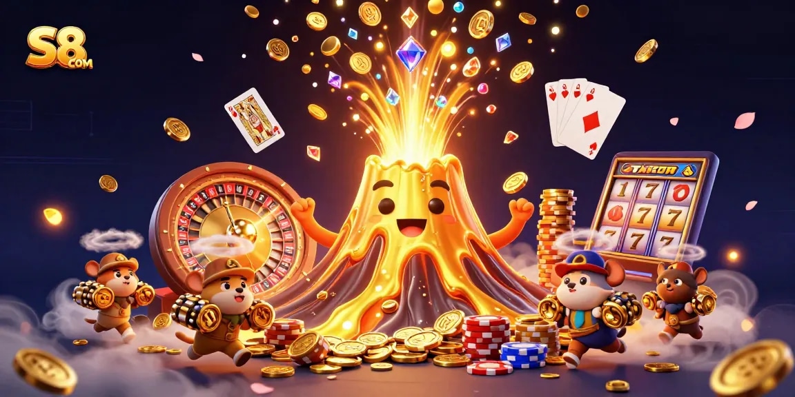 S8 COM showcases thrilling online casino elements with a golden volcano erupting coins and gems