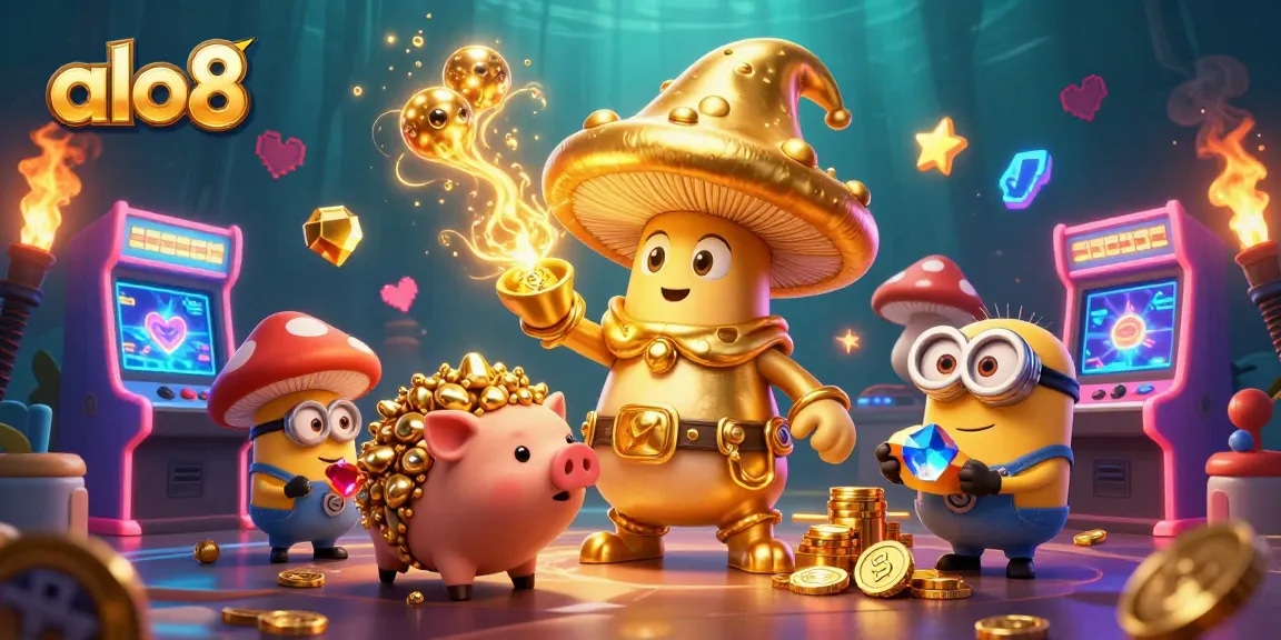 Spin jackpots and win with the magical alo8 characters amidst vibrant casino elements.