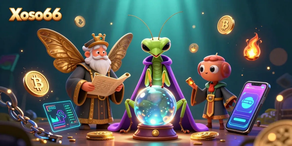 Xoso66 introduces vibrant characters engaging in fortune telling amidst floating crypto coins in an immersive casino setting.