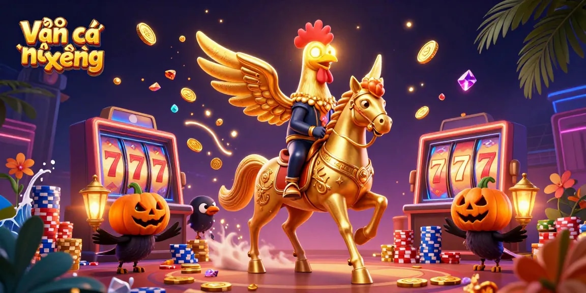 Engage in exciting gameplay with Bạn cá nổ hũ xèng as golden rooster and friends explore a vibrant casino.