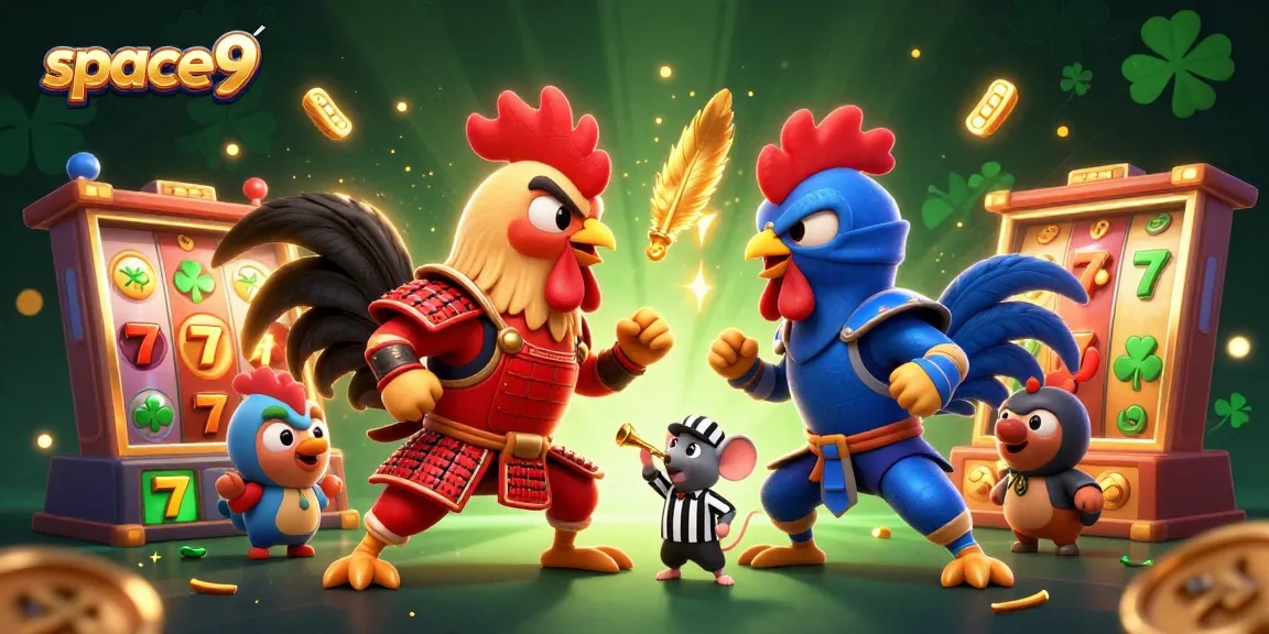 Engage in thrilling gameplay at Space9 Casino as vibrant 3D roosters represent fierce competition in a dynamic gambling scene.