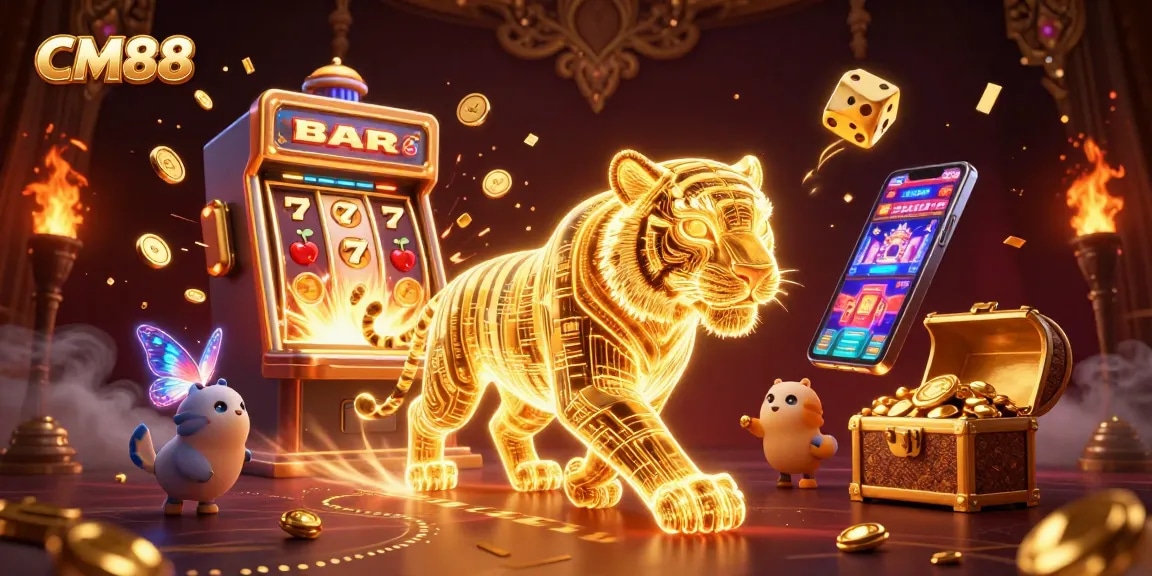 Engage in thrilling gameplay at CM88 with a neon-wireframe tiger and vibrant slot machine action.