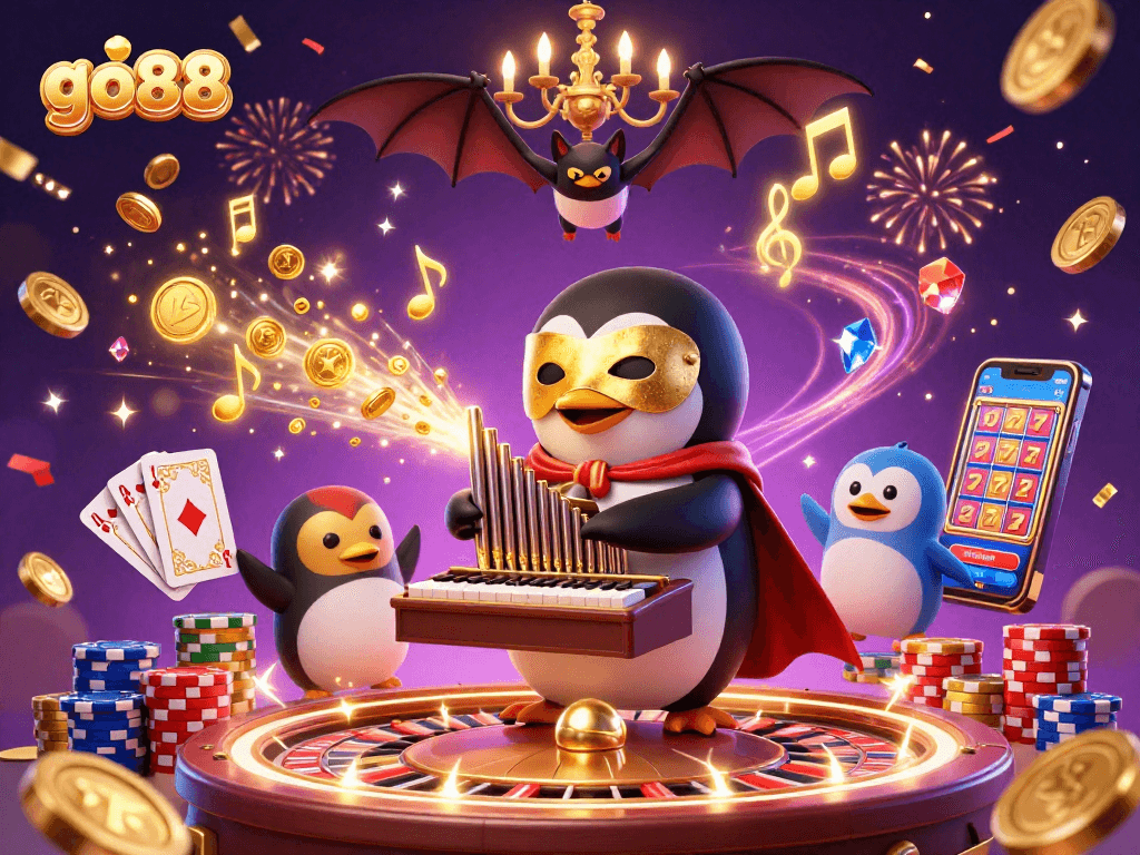 Experience go88 with a whimsical portrayal of a casino scene featuring playful characters and vibrant elements.
