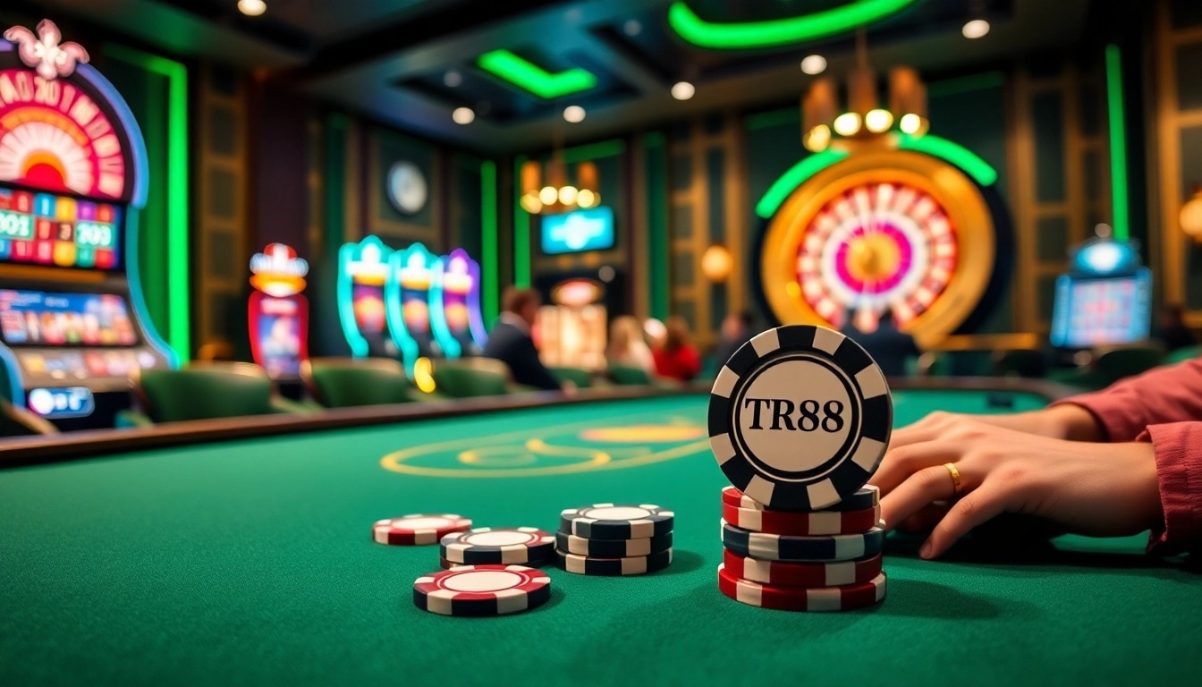 Engaging poker players at a luxurious TR88 casino table with vibrant chips and roulette in view.