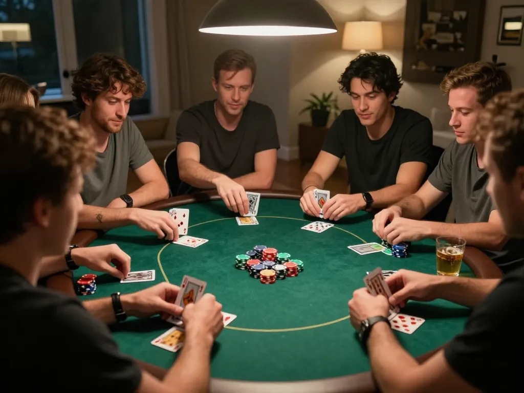 Friends enjoying a friendly poker game at home, showcasing a vibrant nhà cái atmosphere with engaging card play.