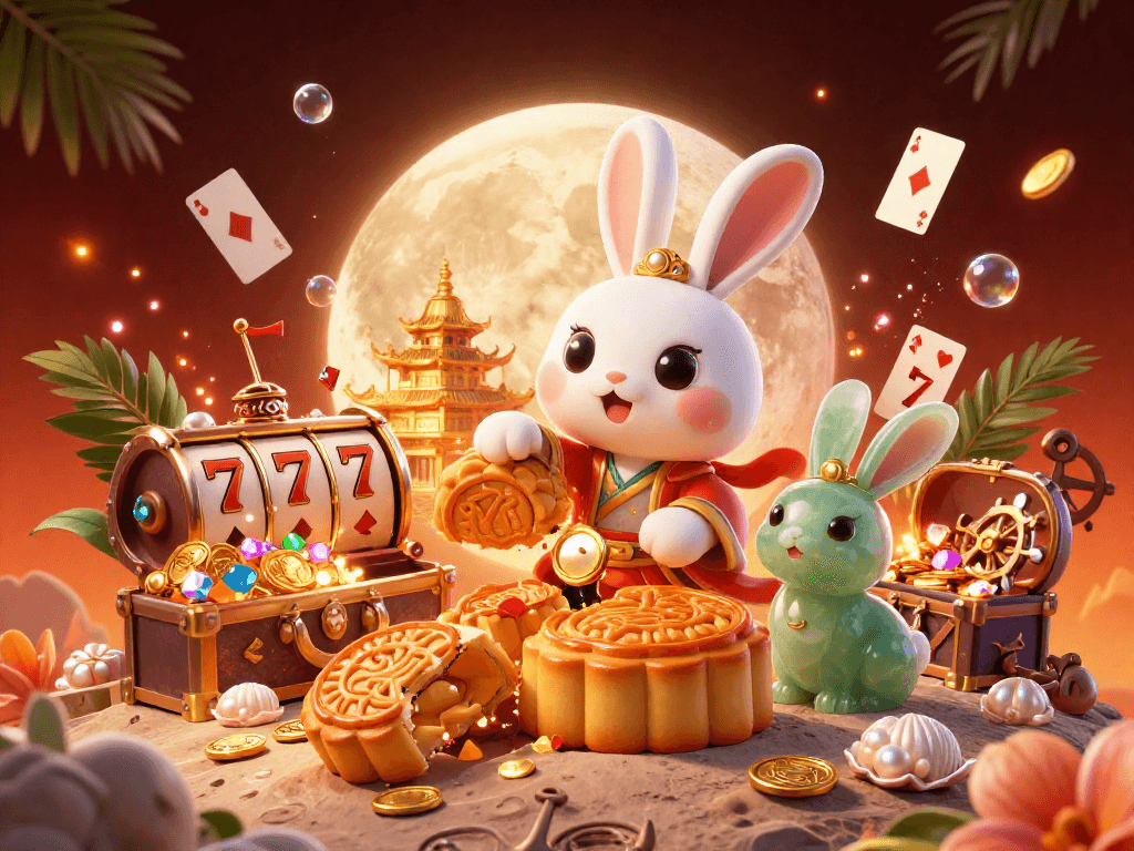 Experience the excitement of BSO188 with a vibrant 3D casino scene featuring a moon rabbit and slot elements.