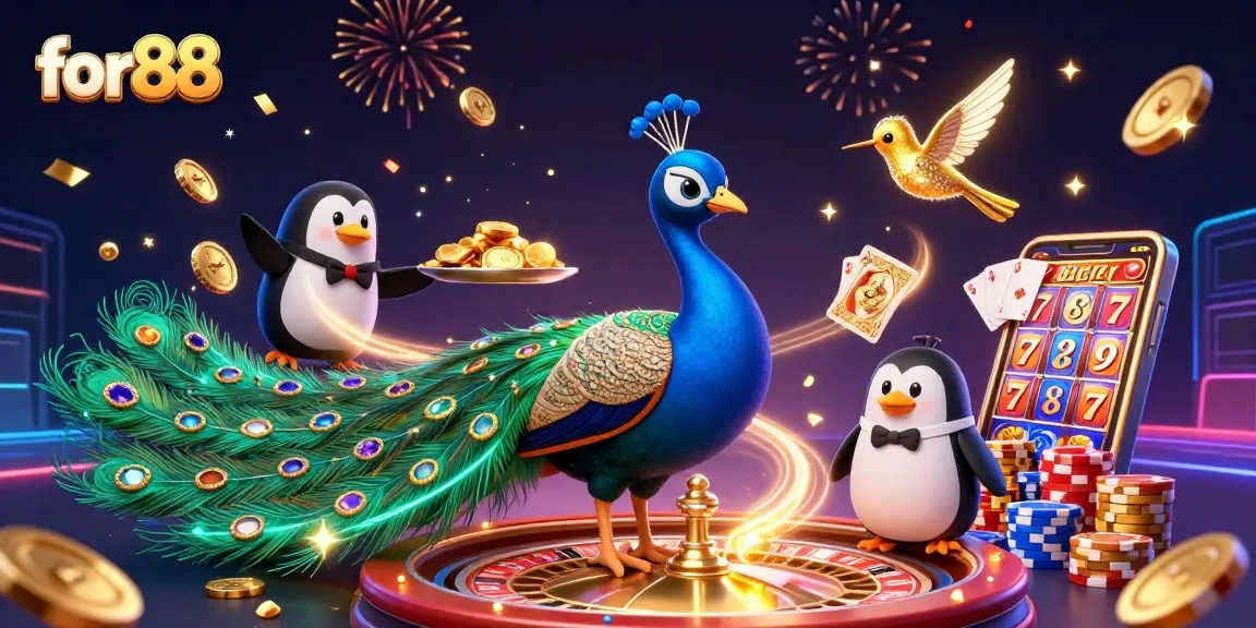 Experience exciting gameplay at for88 with vibrant casino illustrations featuring a peacock and dynamic gaming elements.