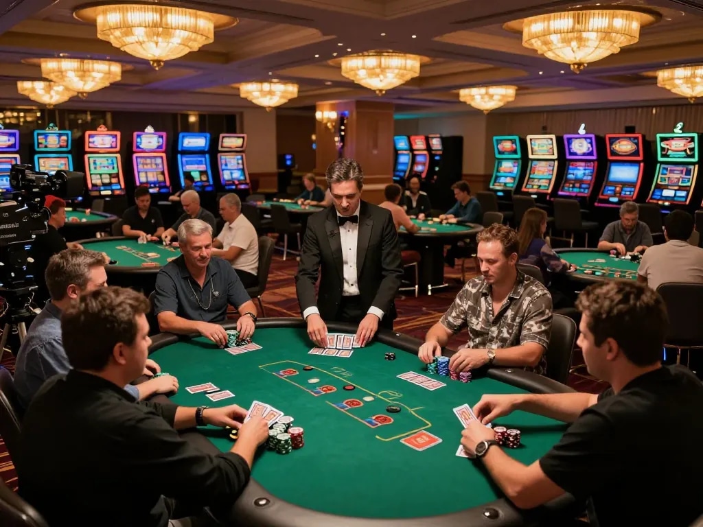 Players at F168 casino table engaged in intense poker game with vibrant atmosphere.