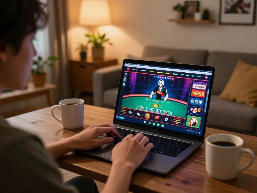 Engaging in online gambling with hi88 đăng nhập while using a laptop at home.
