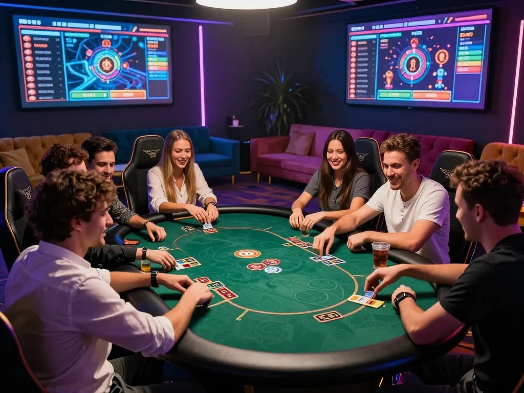 Friends enjoying an exhilarating gaming experience at 789club online casino table with vibrant lights.