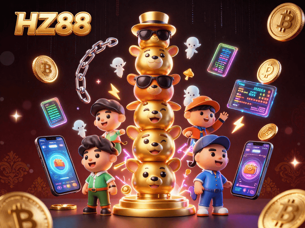 Engage with HZ88's vibrant 3D casino world showcasing unique animal totem and crypto elements.