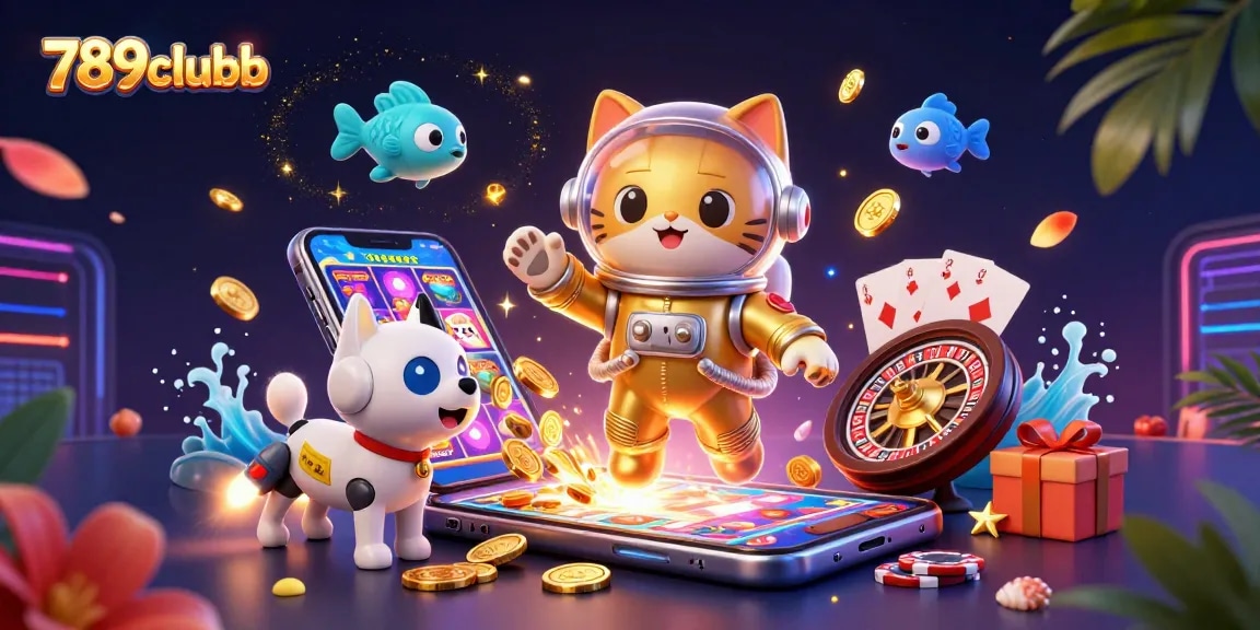 Join the excitement at 789clubb with colorful slot games and roulette in a vibrant digital illustration.