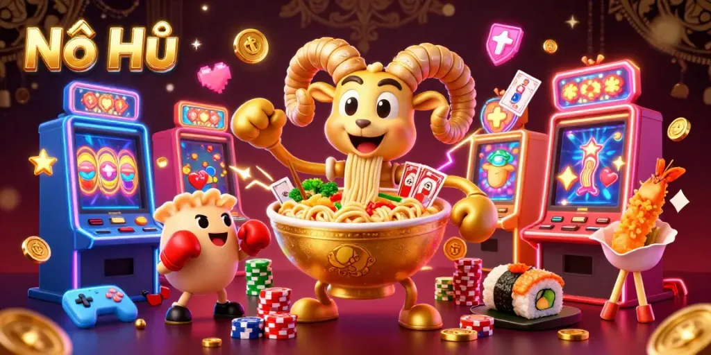 Nổ Hũ offers an exciting casino atmosphere with a colorful 3D illustration featuring engaging slot machines and friendly characters.