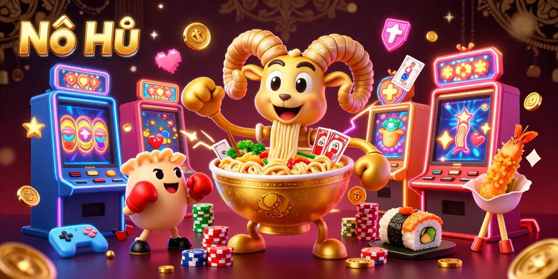 Nổ Hũ offers an exciting casino atmosphere with a colorful 3D illustration featuring engaging slot machines and friendly characters.