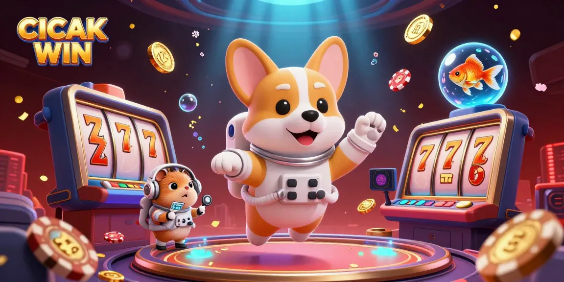 CICAK WIN promotes thrilling slot gameplay with a fun 3D corgi astronaut casino scene, immersing players in excitement.