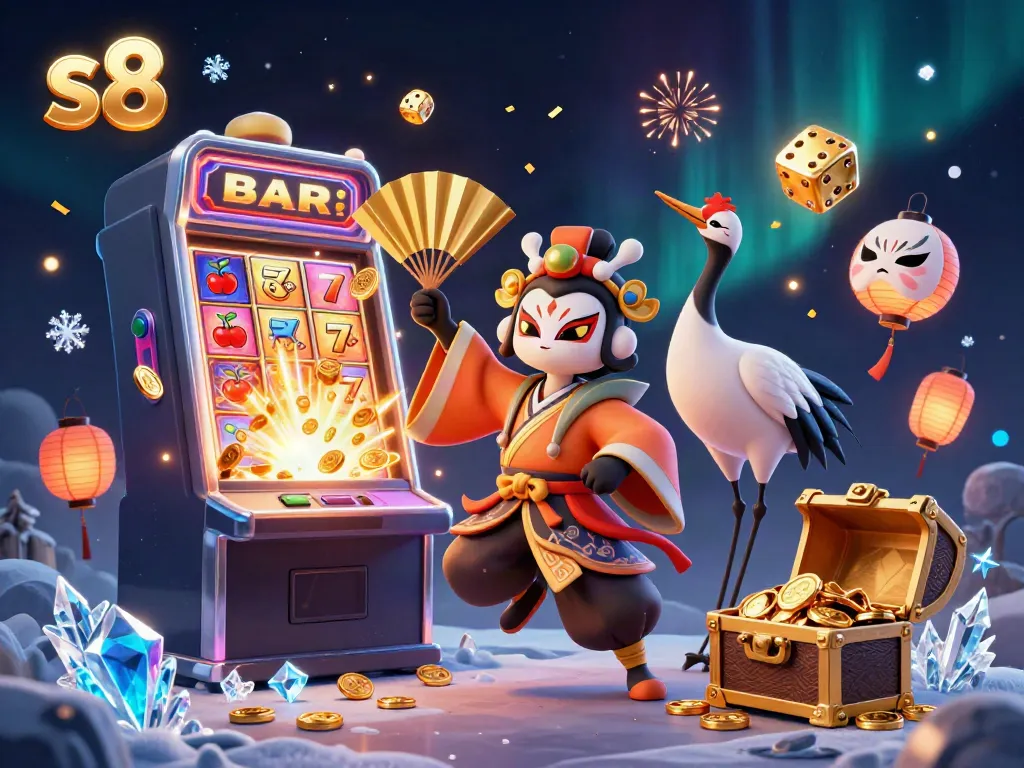 Experience thrilling wins at s8 with a kabuki crane warrior and vibrant casino elements.