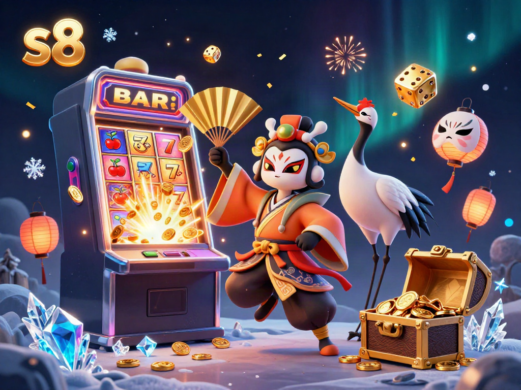Experience thrilling wins at s8 with a kabuki crane warrior and vibrant casino elements.