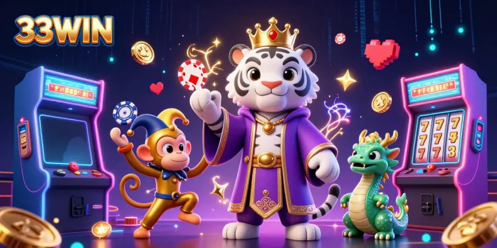Hỗ trợ người chơi cá cược cùng 33WIN bằng chiếc máy kiếm tiền đầy màu sắc trong không gian sòng bạc.