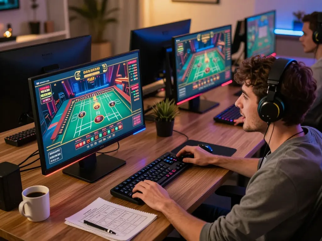 Engage with link fly88 in an exciting online casino game from a stylish home office setup