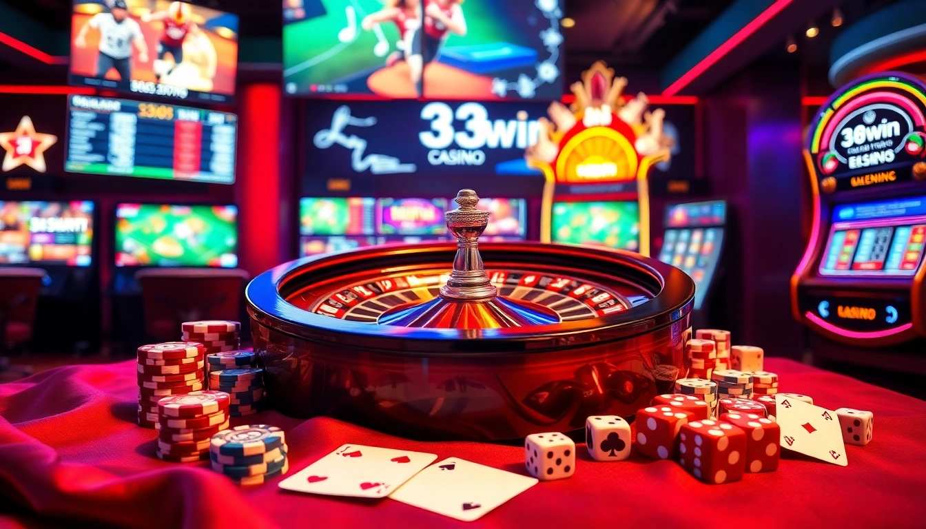 33win gaming experience with a vibrant roulette wheel, poker chips, and cards.