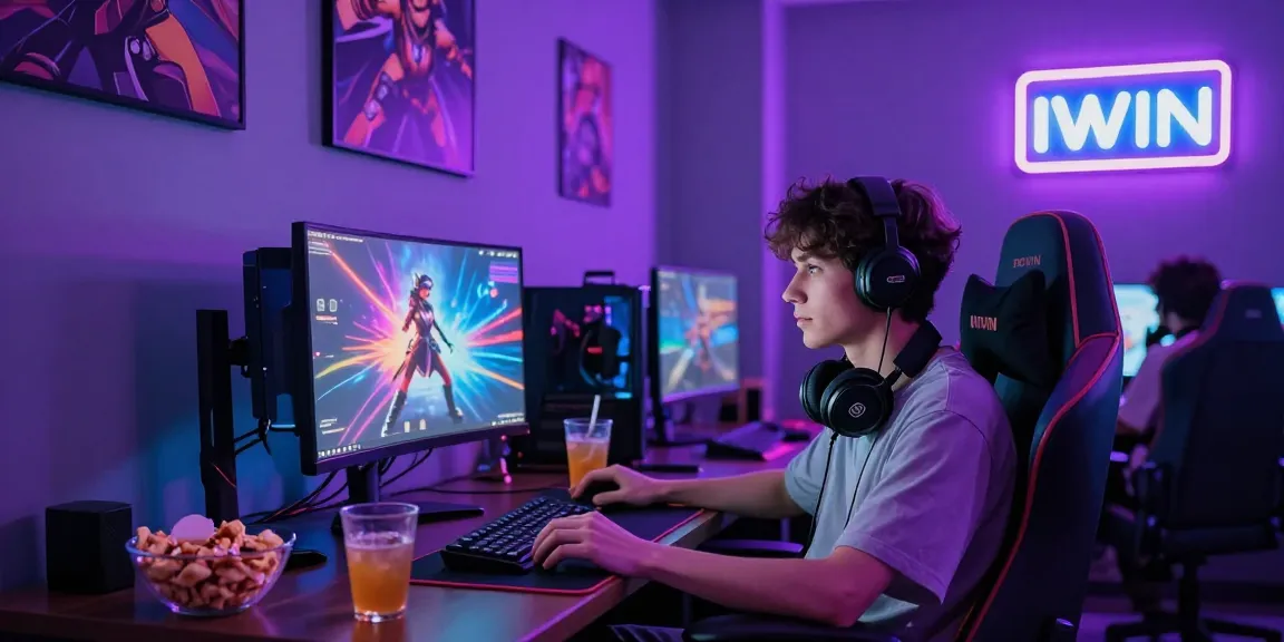 Gamer immersed in IWIN gameplay in a stylish lounge, vibrant graphics and ambient lighting showcasing modern gaming culture.