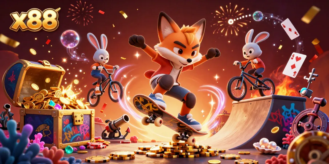 x88 players enjoying fun casino games in a vibrant animated scene with colorful gambling elements and excitement.