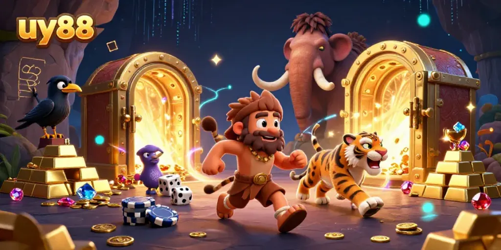 Experience the thrill of uy88, featuring a caveman and sabertooth running a prehistoric casino.