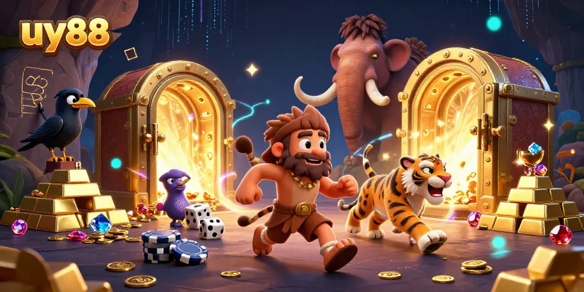 Experience the thrill of uy88, featuring a caveman and sabertooth running a prehistoric casino.