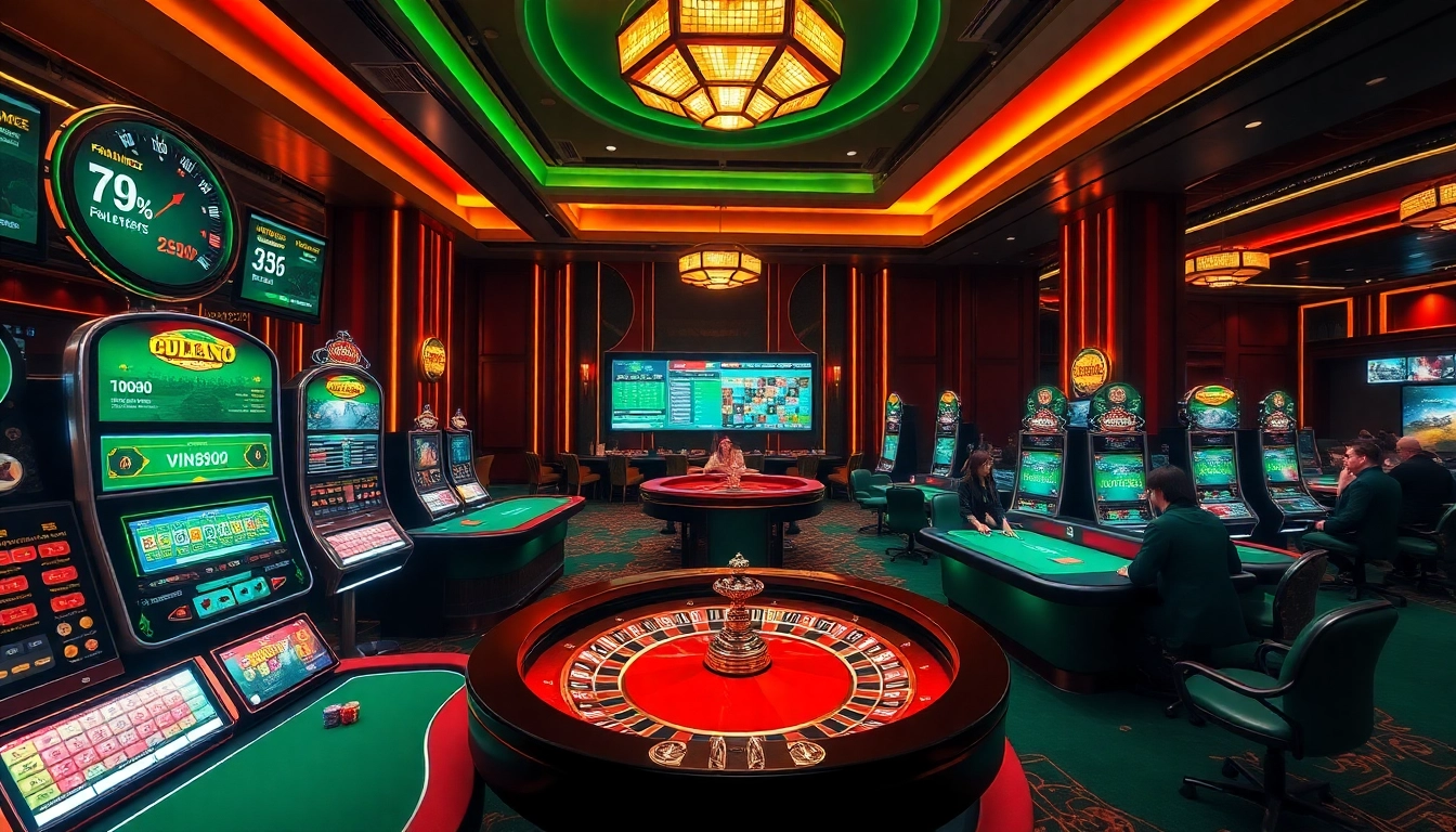 Experience thrilling gameplay at TRANG CHỦ VIN88 with vibrant slot machines and poker tables.