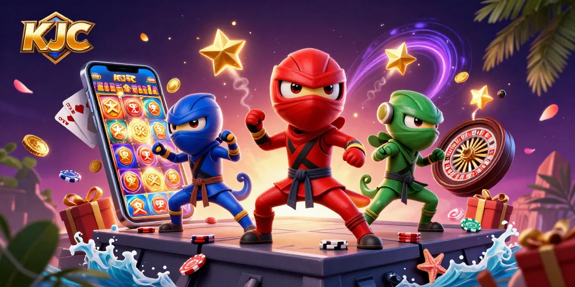 KJC shows a colorful chameleon team performing martial arts amid vibrant slot game elements.