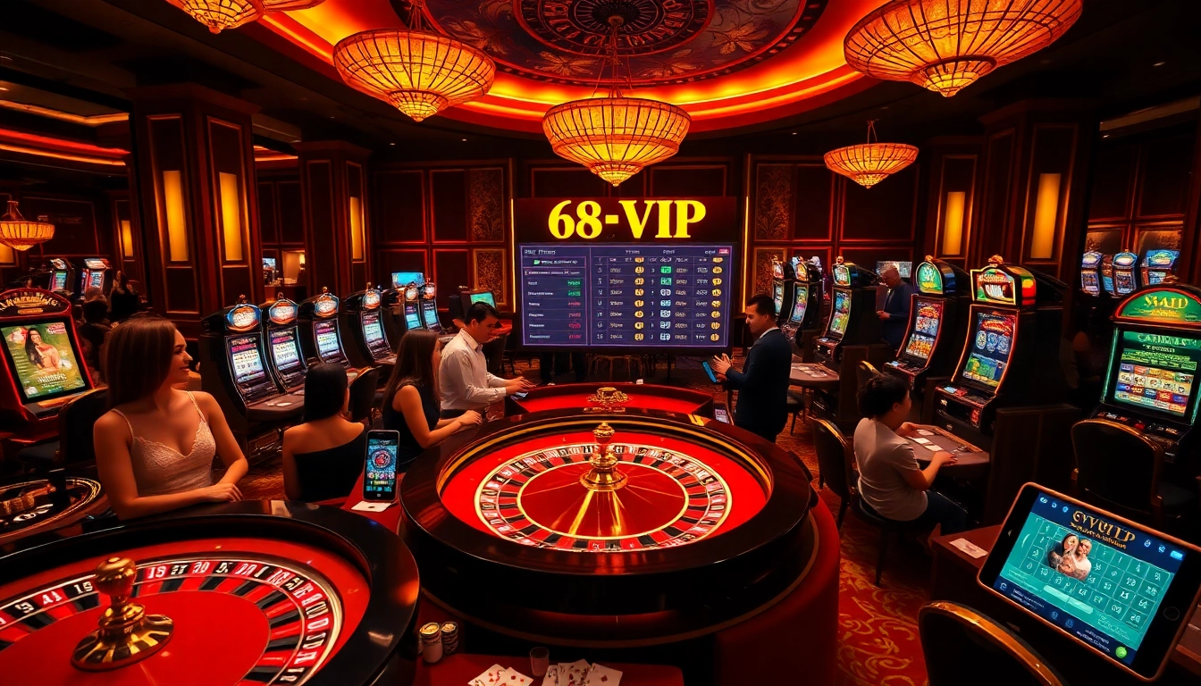 Gambling enthusiasts playing at 68VIP casino tables with vibrant slot machines.