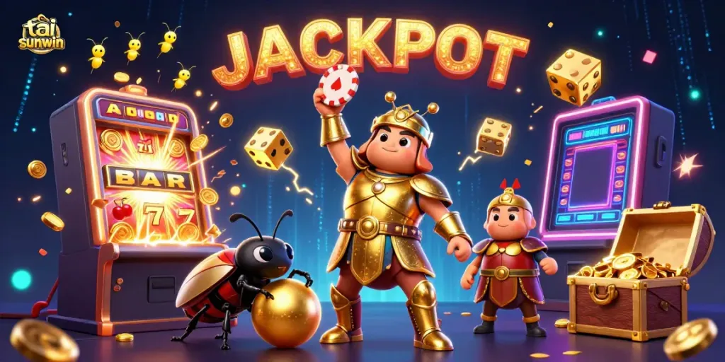 Experience the thrill of tai sunwin with a heroic beetle lifting a poker chip, surrounded by casino elements.