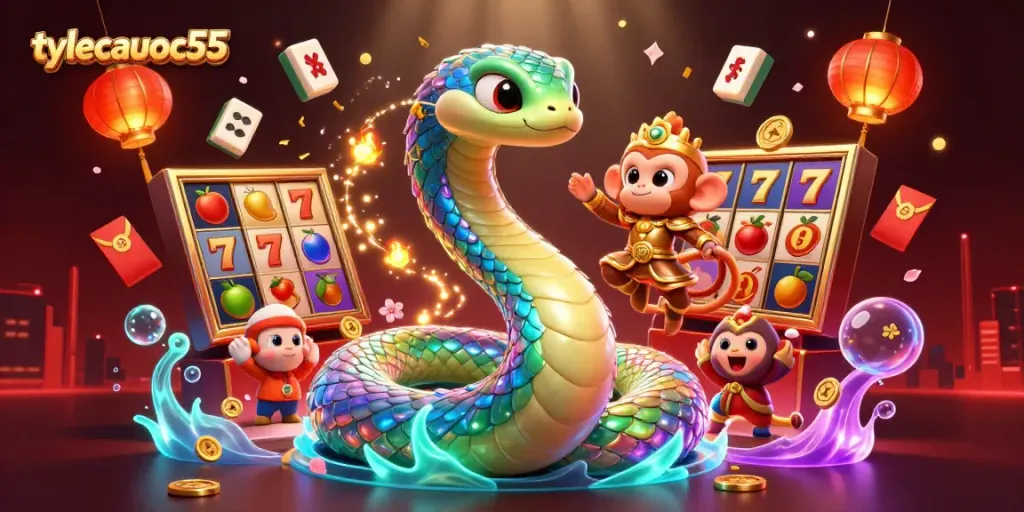 Engaging illustration of tylecacuoc55 showcasing a vibrant casino scene with dynamic slot machine elements and colorful characters for online betting.